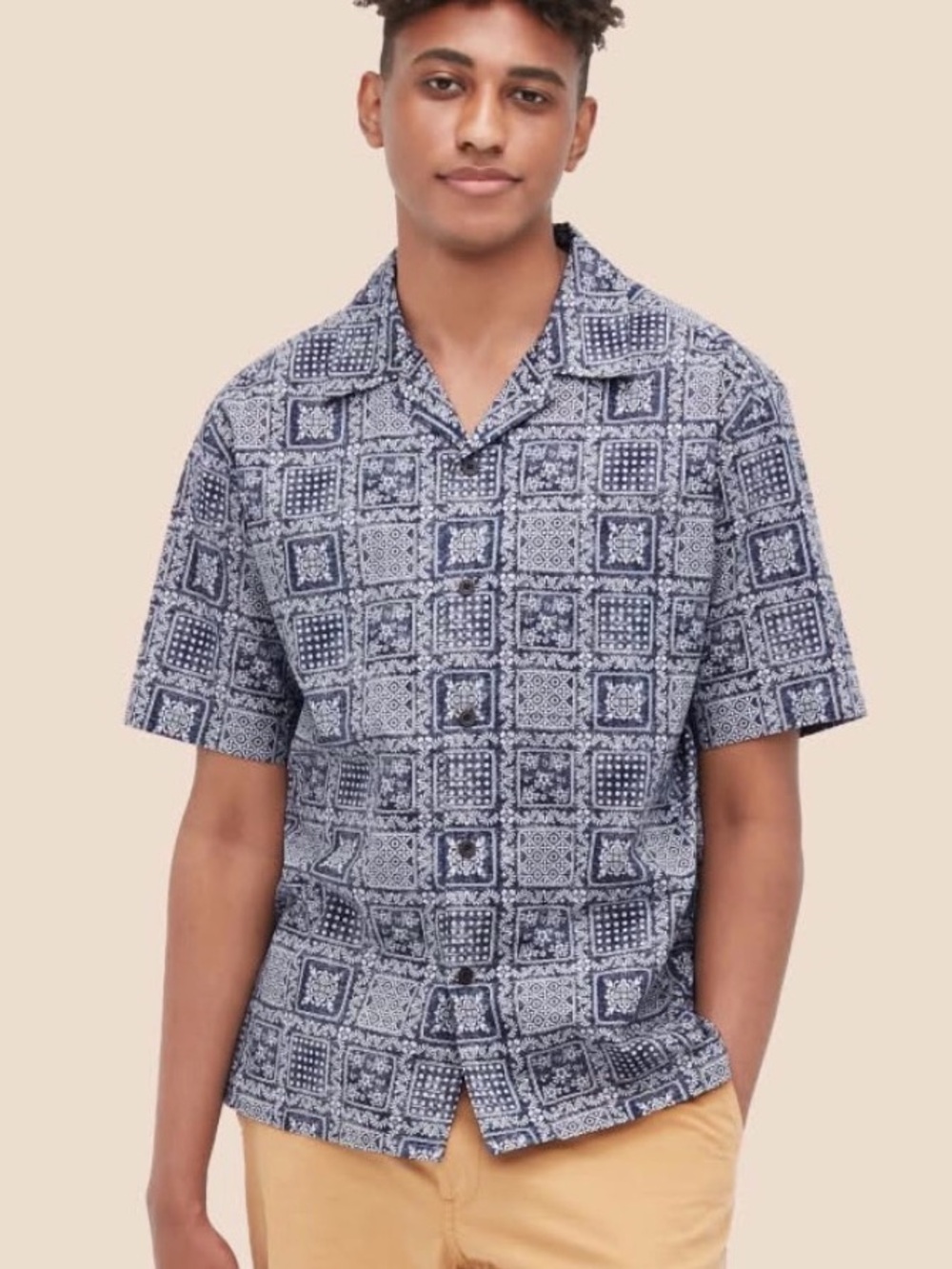 Reyn Spooner x Uniqlo Blue Patterned Camp Shirt Sz XL Nautical Patriotic Coastal